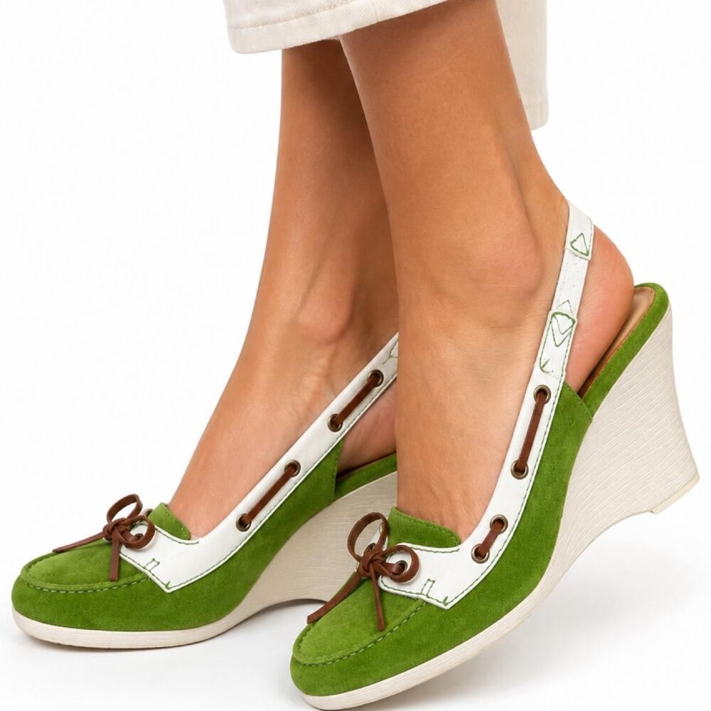 Vintage Coach Y2K Green Suede Moccasin Slingback Wedge Heels
